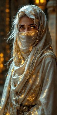 The primary subject of the image is a woman wearing a white robe with gold designs. She is standing in front of a wall with a patterned background. The visual style of the image is a photo, and the colors and mood are predominantly white and gold, giving the scene a warm and elegant atmosphere.